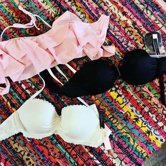 🔥NWT VICTORIA’S SECRET SWIM TOP LOT of 3 36C or LARGE BLACK WHITE PINK PUSH UP - Picture 2 of 10